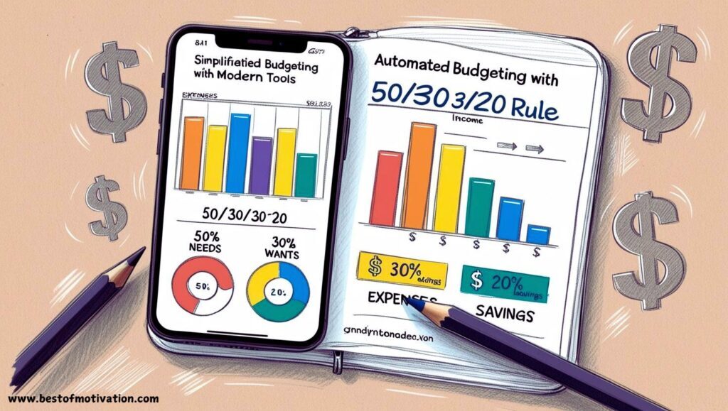 A smartphone showing a popular budgeting app with a pie chart illustrating the 50/30/20 rule, alongside icons for income, expenses, and savings, highlighting effective budget automation strategies.