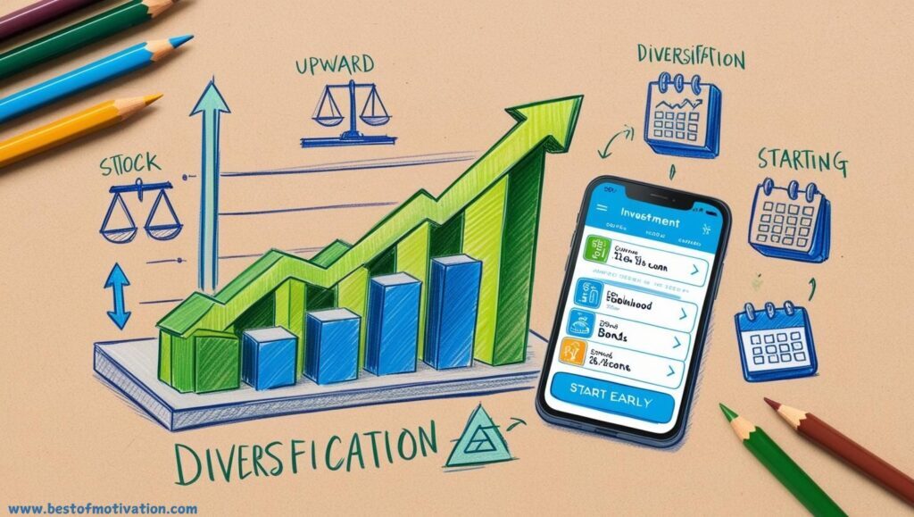 A graph showing investment growth alongside a smartphone displaying an investment app, symbolizing understanding risk and diversifying investments.