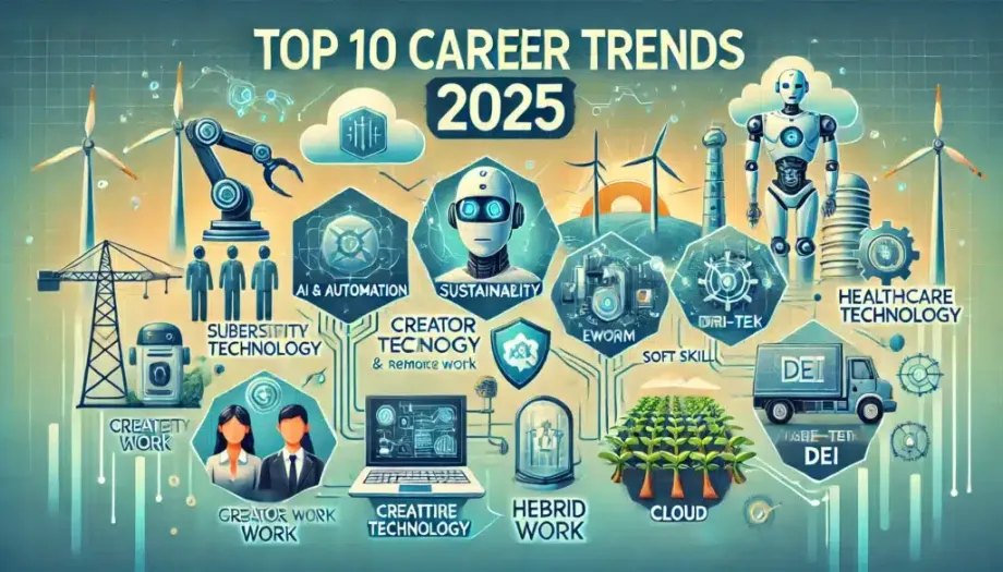 Illustration of top 10 career trends for 2025, featuring AI, sustainability, and hybrid work.