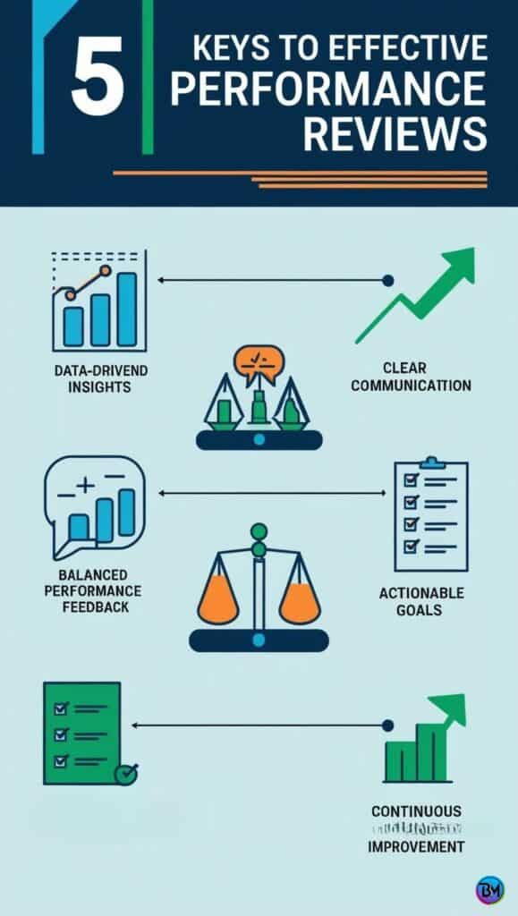 5 Keys to Effective Performance Reviews' featuring five icons: a bar graph for data-driven insights, a speech bubble for clear communication, a balanced scale for balanced feedback, a target for actionable goals, and an upward arrow for continuous improvement, rendered in a clean, modern style with blues, greens, and a pop of orange against ample white space.