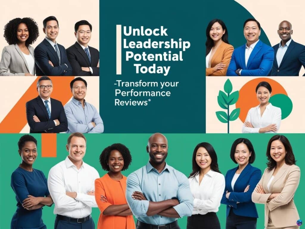 social media graphic that encourages managers to “Unlock Your Leadership Potential Today – Transform Your Performance Reviews