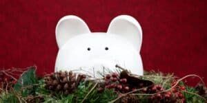 a white piggy bank with pine cones and berries