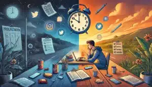 Illustration of a person sitting at a desk surrounded by distractions like a phone, snacks, and social media icons, transitioning into a focused state with a glowing clock and a completed checklist in the background. The image highlights the journey from procrastination to productivity with a shift from chaotic to organized colors.