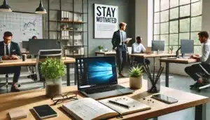 A modern workspace in a bright office setting featuring a desk with a laptop, a notebook checklist, a small plant, and a motivational quote on the wall saying 'Stay Motivated.' In the background, one colleague works at a nearby desk, emphasizing teamwork and engagement, with natural light streaming through large windows.