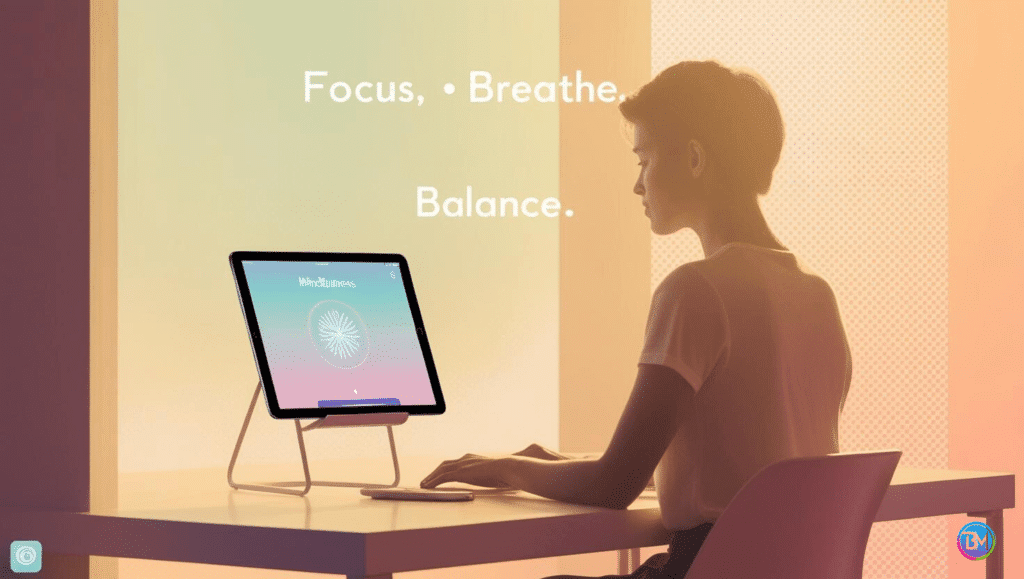 A serene workspace featuring a professional using a mindfulness app, surrounded by soft lighting and motivational words like 'Focus' and 'Balance' in the background.