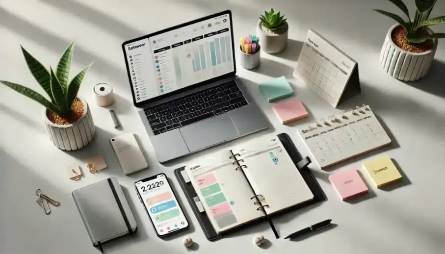 Flat lay of a minimalist workspace featuring a laptop with a productivity app, a planner with colorful tabs, sticky notes, and a smartphone displaying a digital calendar. Natural light and small decorative elements like a plant complete the organized aesthetic.