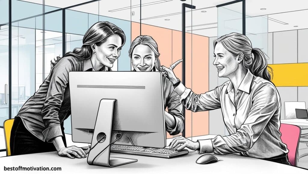 Three software engineers in a bright, modern office reviewing code together on a computer screen, illustrating supportive teamwork and featuring a ‘bestofmotivation.com’ watermark.