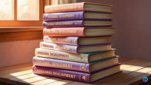 a stack of personal development books on a table