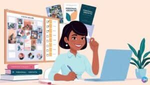 Illustration of a young professional at a desk checking off goals on a checklist, with a vision board and motivational elements in the background, representing personal development goals for work.