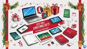 An illustration of essential tech tools for young professionals, including a laptop, smartwatch, wireless earbuds, tablet, and planner, surrounded by festive holiday elements like garlands, snowflakes, and gift boxes, highlighting Christmas gift ideas for productivity and organization.