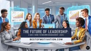 A diverse group of young professionals collaborating around holographic screens in a futuristic office space, with a bold title overlay reading 'The Future of Leadership: A Gen Z Guide to Modern Management (2025)' and 'bestofmotivation.com' at the bottom.