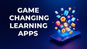 a phone with icons coming out of it representig apps and title txt - Game-Changing Learning Apps