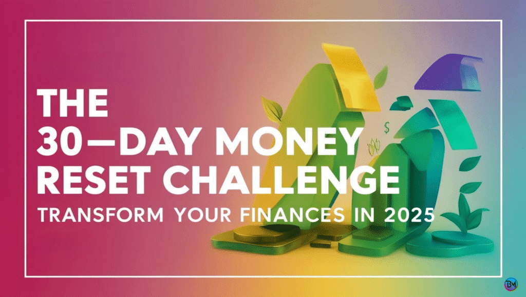 image in gardiante colours with some graphics on th rigth and with title - The 30-Day Money Reset Challenge: Transform Your Finances in 2025.