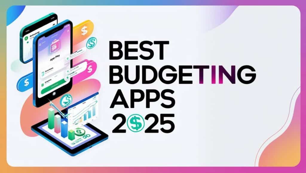 Main image for Best Budgeting Apps 2025 article featuring mobile icons, financial graphs, and bold title overlay in a vibrant, modern design.