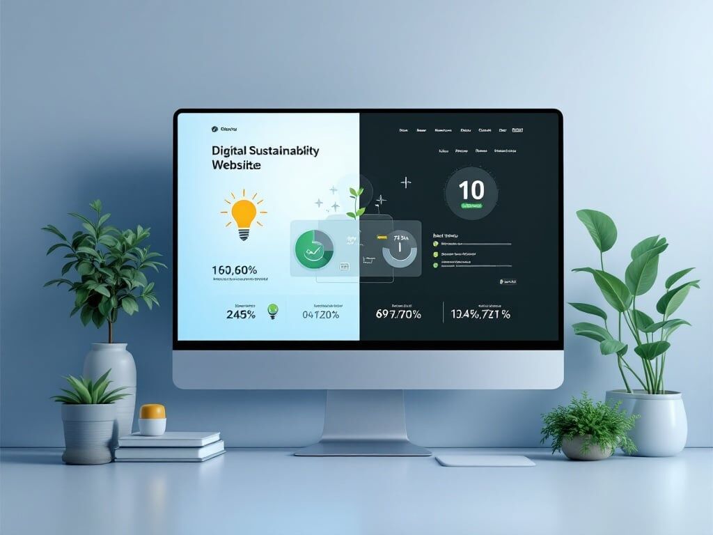 Digital sustainability illustration showing dark mode interface and environmental impact, featuring energy-efficient design elements