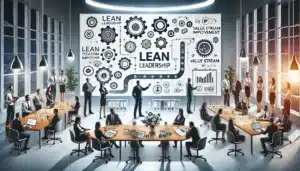 Illustration of a diverse team collaborating around a table in a modern office, with a leader guiding the discussion. A whiteboard in the background displays a Value Stream Map, symbolizing Lean principles such as continuous improvement, waste reduction, and process efficiency. Subtle icons of gears, flowcharts, and arrows are integrated, emphasizing the concepts of streamlined processes and collaboration.