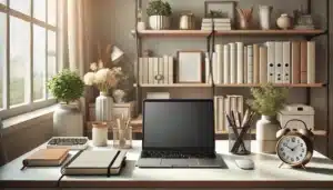 A beautifully organized desk in a modern home office with minimalistic decor, a sleek laptop, a planner, and neatly arranged stationery. The background features a tidy bookshelf with books and plants, bathed in soft natural light streaming through a window, creating a warm and inviting workspace atmosphere.