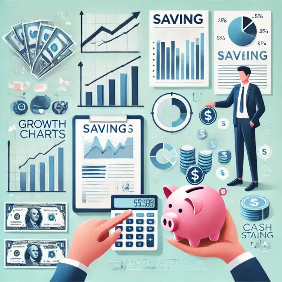 Illustration of a person calculating savings with digital piggy banks, cash stacks, growth charts, and motivational text, symbolizing financial planning and success.

