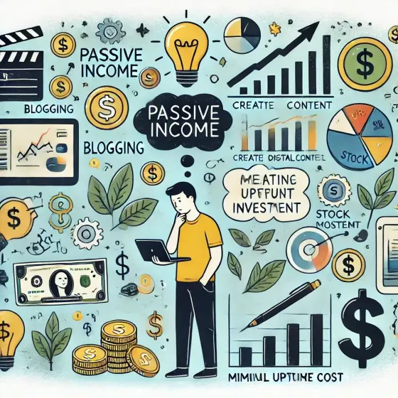 An illustration depicting various passive income strategies such as blogging, creating digital content, and stock market investments, focused on passive income for people with no money. The image represents a person thinking of creative ways to generate income with symbols of minimal upfront cost, like coins and dollar signs