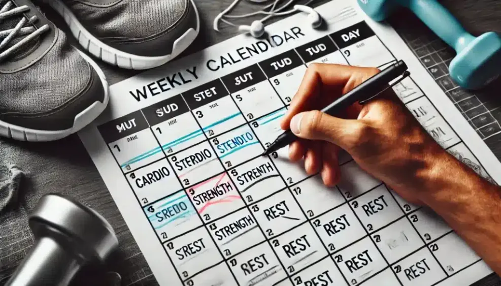 A close-up of a hand marking a workout schedule on a weekly calendar. The labels on the calendar clearly indicate different workout types, such as "Cardio," "Strength," and "Rest," among others. The background includes fitness-related items like running shoes and headphones, creating a sense of organization and encouraging thoughtful planning.