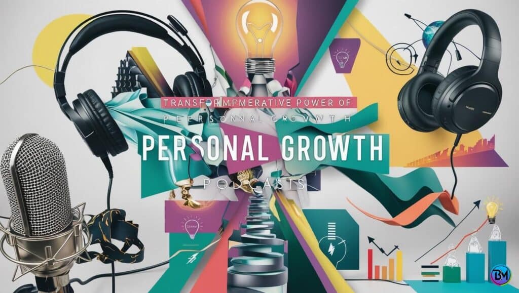 Artistic collage featuring a microphone, sound waves, headphones, light bulbs, and growth charts arranged in a modern digital style, representing the transformative power of personal growth podcasts.